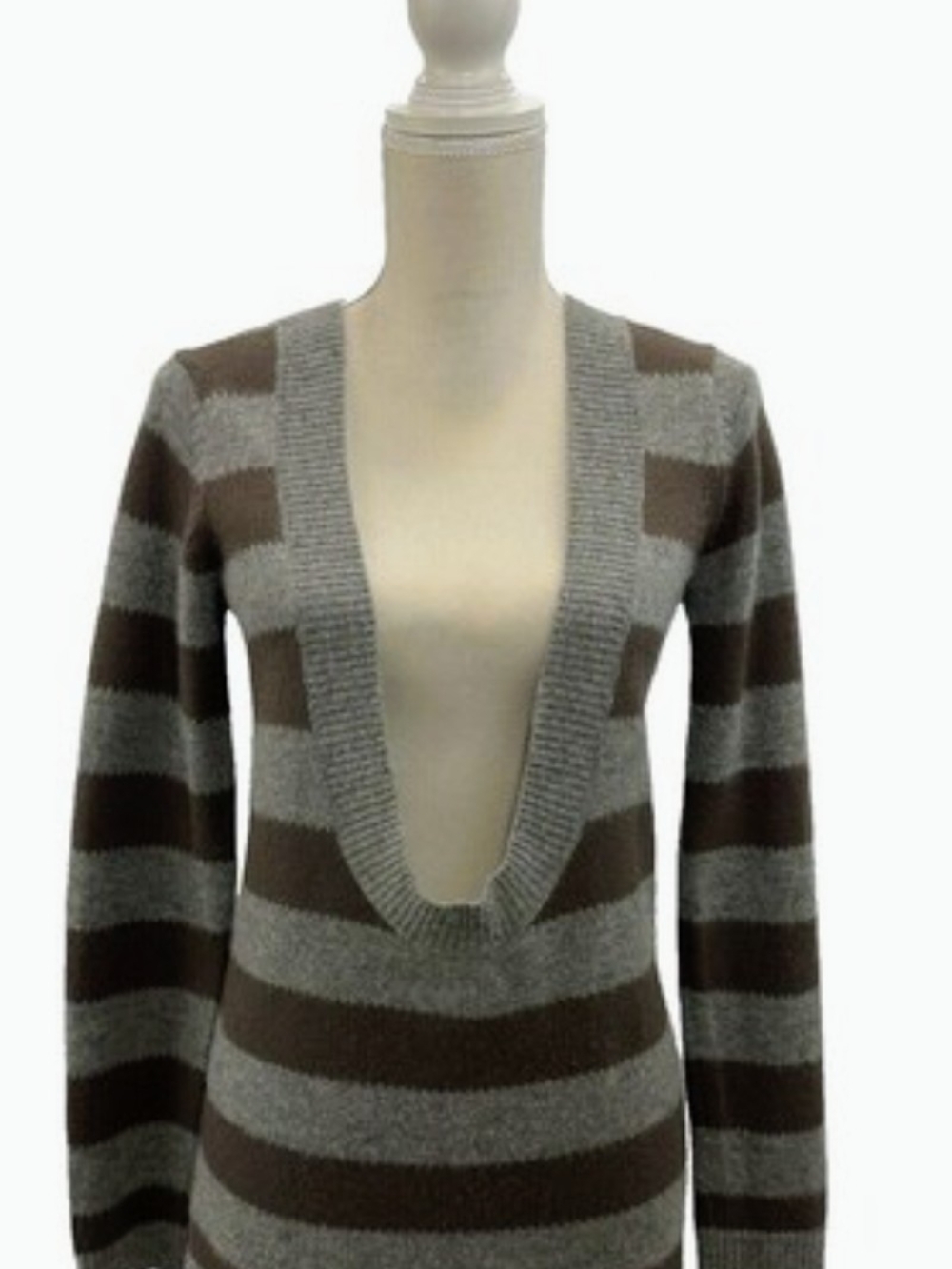 Theory Women's Cashmere Deep V-Neck Striped Sweater in Gray and Brown